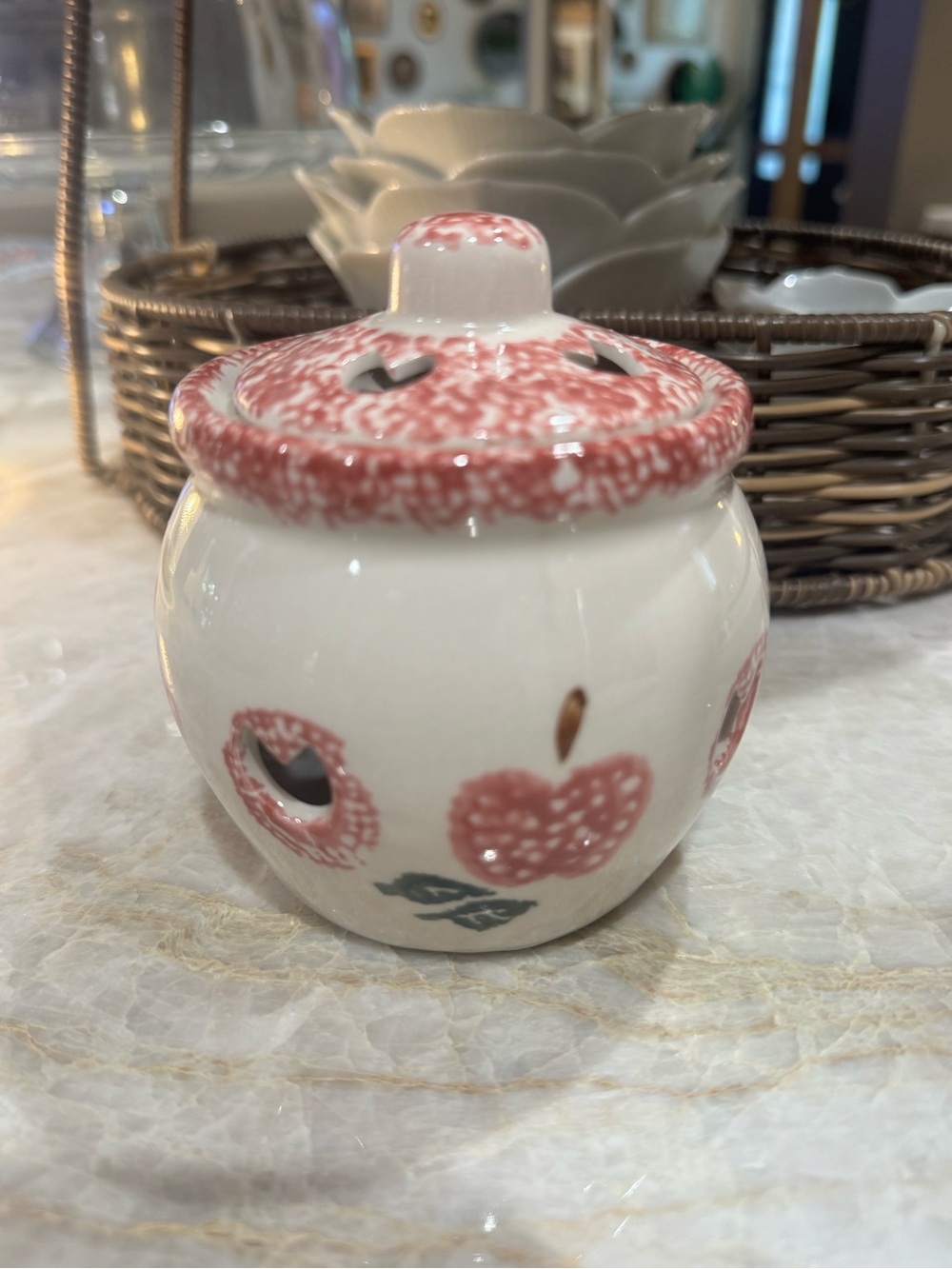 Ceramic Apple Pattern Pottery Jar - Pink and White - garlic jar